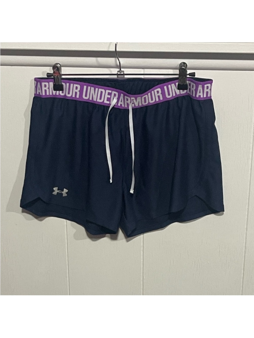 Under Armour Women's Navy Athletic Shorts with Purple Waistband size medium